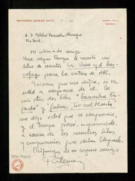 Carta de Francisco Alemán Sáinz a Melchor Fernández Almagro en la que le pregunta si va a ocupars...