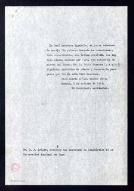 Copia del oficio del secretario accidental, Rafael Lapesa, a Fritz Krüger, director del Instituto...