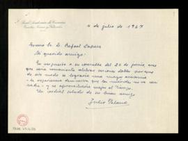 Carta de Julio Palacios a Rafael Lapesa en la que responde a su consulta del día 26 mostrando su ...