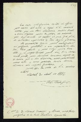 Carta de Víctor Balaguer al secretario, Manuel Tamayo y Baus, de agradecimiento a la Academia por...