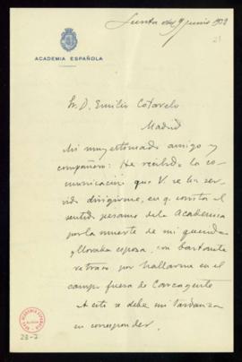 Carta de Julián Ribera a Emilio Cotarelo de agradecimiento por el pésame [por la muerte de su mujer]