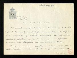 Carta de Narciso Alonso Cortés a Julio Casares para informarle de que no puede ir a Madrid por su...