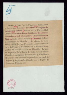 Nota de los cargos, títulos y condecoraciones de Francisco Fernández y González