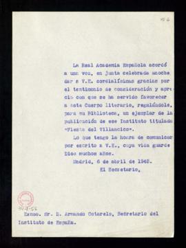 Copia del oficio sin firma del secretario a Armando Cotarelo de traslado del agradecimiento de la...