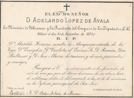 Esquela de invitación a Pedro Antonio de Alarcón para asistir a la misa funeral de cabo de año po...