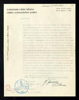 Carta del director y el secretario de la Schola Lullistica de Mallorca al secretario de pésame po...
