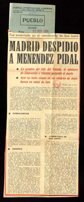 Recorte del diario Pueblo con el artículo Madrid despidió a Menéndez Pidal