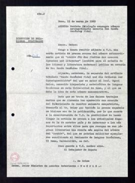 Copia del oficio de J. [José] de Erice, embajador de España, al ministro de Asuntos Exteriores co...