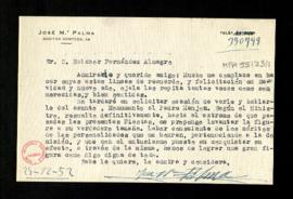 Carta de José M.ª Palma a Melchor Fernández Almagro en la que le dice que está resuelto el asunto...