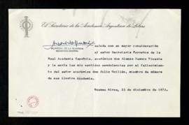 Saluda de Alfredo de la Guardia, secretario general de la Academia Argentina de Letras, al secret...