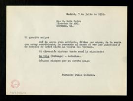 Copia de la carta de Julio Casares a Luis Calvo que acompaña el último artículo de la serie que e...