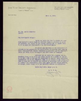 Carta de José N. de Urgoiti a Emilio Cotarelo en la que le dice que le va a enviar algunos proyec...