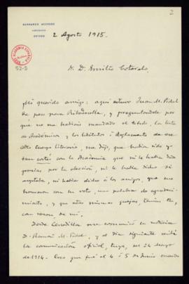 Carta de Bernardo Acevedo a Emilio Cotarelo en la que le comunica que Juan Menéndez Pidal le ha d...