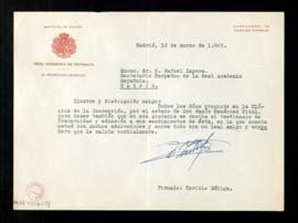 Carta de Toribio Zúñiga, secretario de la Real Academia de Farmacia, a Rafael Lapesa, secretario,...