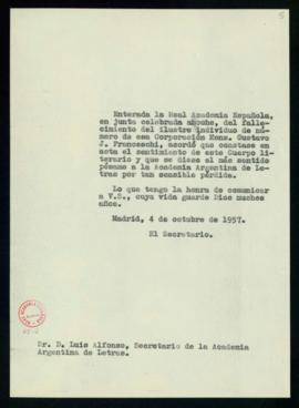 Copia sin firma del oficio de pésame del secretario a Luis Alfonso, secretario de la Academia Arg...