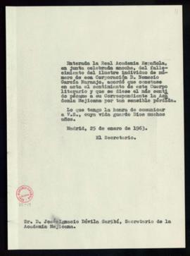 Copia del oficio de pésame del secretario a José Ignacio Dávila Garibi, secretario de la Academia...