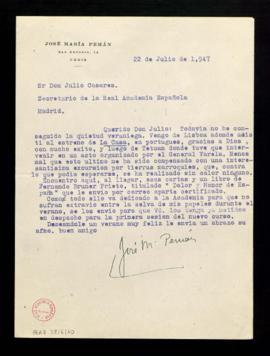Carta de José María Pemán a Julio Casares en la que le comenta que ha regresado del estreno de La...