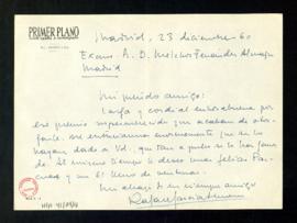 Carta de Rafael García Serrano a Melchor Fernández Almagro en la que le felicita por el premio qu...