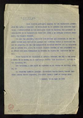 Circular de convocatoria de un homenaje a Egenio Montes el 28 de mayo de 1926, en el restaurante ...