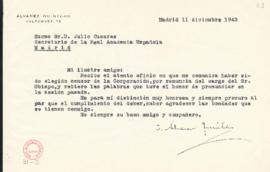 Carta de Joaquín Álvarez Quintero a Julio Casares en la que acepta su elección en el cargo de cen...