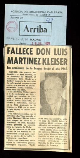 Recorte del diario Arriba por la noticia titulada Fallece don Luis Martínez Kleiser