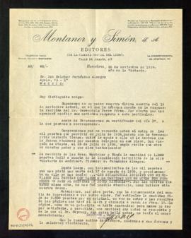 Carta del director gerente de Montaner y Simón a Melchor Fernández Almagro con detalles sobre su ...