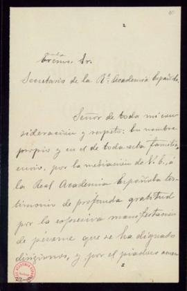 Carta de Ramón R[odríguez] Valdés al secretario [Mariano Catalina] de agradecimiento a la Academi...