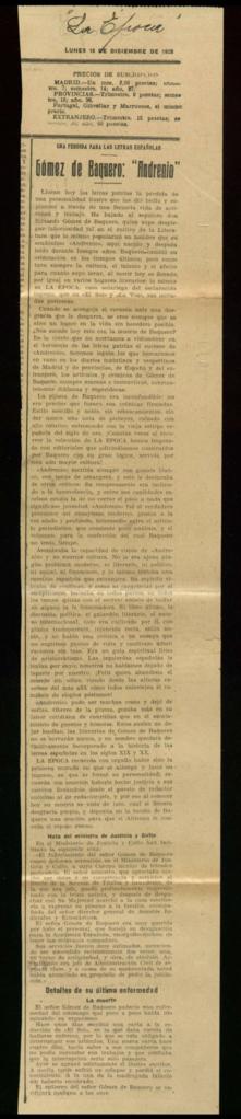 Recorte del diario La Época de 16 de diciembre de 1927, con la noticia del fallecimiento de Eduar...