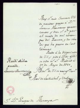 Orden de Manuel de Lardizábal del pago a Lorenzo Muntaner de 350 reales de vellón por 1000 estamp...