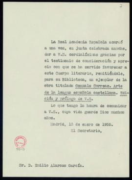 Copia sin firma deJulio Casares a Emilio Alarcos García de traslado del agradecimiento de la junt...