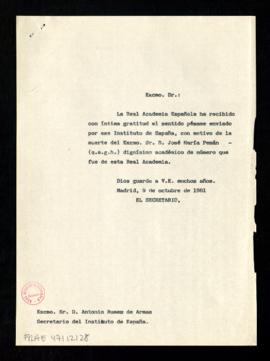 Copia sin firma del oficio del secretario [Alonso Zamora Vicente] a Antonio Rumeu de Armas, secre...
