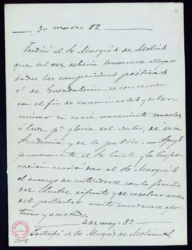Notas del secretario [Manuel Tamayo y Baus] de las juntas de 30 de marzo y 4 de mayo de 1882 en r...