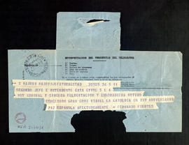 Telegrama de Fernando Fuertes, segundo jefe e intendente de la casa civil de Su Excelencia el Gen...