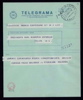 Telegrama de [José] Filgueira Valverde al director [Dámaso Alonso] de comunicación del fallecimie...
