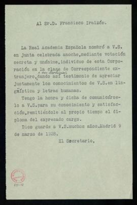 Copia sin firma del oficio del secretario a Francisco Iraizós de traslado de su nombramiento como...