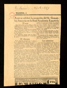 Recorte de prensa de La Nación  con la crónica titulada Ayer se celebró la recepción del Sr. Gonz...