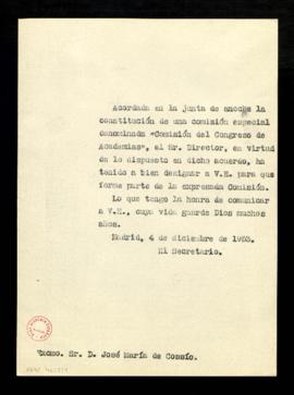 Copia sin firma del oficio del secretario a José María de Cossío en el que le comunica la designa...