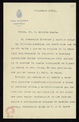 Carta de J[uan] Navarro Reverter al director, Antonio Maura, en la que excusa su asistencia a la ...