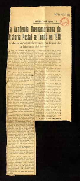 Recorte de Pueblo con el artículo La Academia Iberoamericana de Historia postal se fundó en 1930