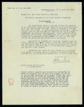 Carta de C. F. Adolf van Dam a Julio Casares con la que remite una lista de unas quinientas adici...