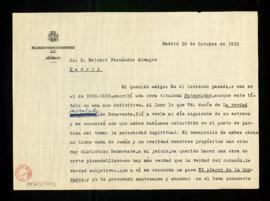 Carta de Luis Araquistáin a Melchor Fernández Almagro con la que le remite su obra de teatro Pate...
