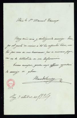 Carta de Manuel de Saralegui al secretario, Manuel Tamayo y Baus, con la que envía unos libros es...