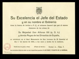 Invitación a la celebración del funeral por las almas de Alfonso XIII y demás reyes de las dinast...