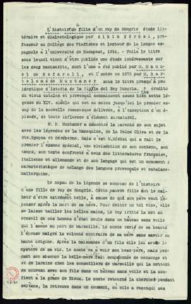 Copia de un artículo publicado en la Revue de Hongrie, de 15 de junio de 1914, sobre el estudio l...