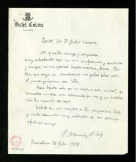 Carta de Ramón Menéndez Pidal a Julio Casares en la que le da noticias sobre su próxima operación...