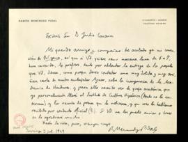 Carta de Ramón Menéndez a Julio Casares en la que le propone que le visite al día siguiente para ...