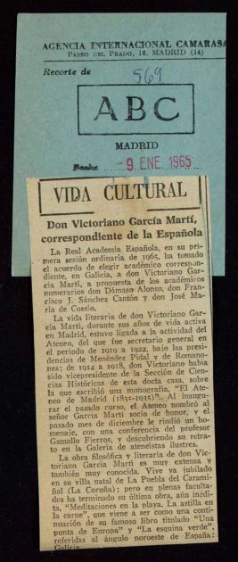 Recorte del diario ABC con la noticia del nombramiento de Victoriano García Martí como académico ...