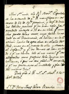 Minuta de la carta [del secretario] a Pedro Josef Vélez Bracho en la que le traslada el agradecim...