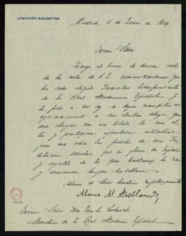 Carta de Marco M. Avellaneda a Emilio Cotarelo en la que acusa recibo de su nombramiento como aca...