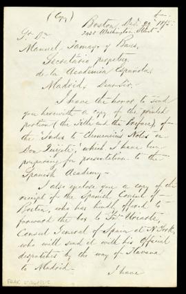 Copia de la carta de Charles Frederick Bradford a Manuel Tamayo y Baus, secretario, con la que le...